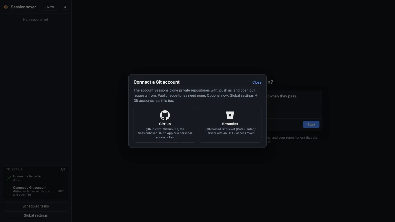 The Connect a Git account dialog with two cards: GitHub, with the CLI, OAuth App or personal access token, and Bitbucket, self-hosted with an HTTP access token