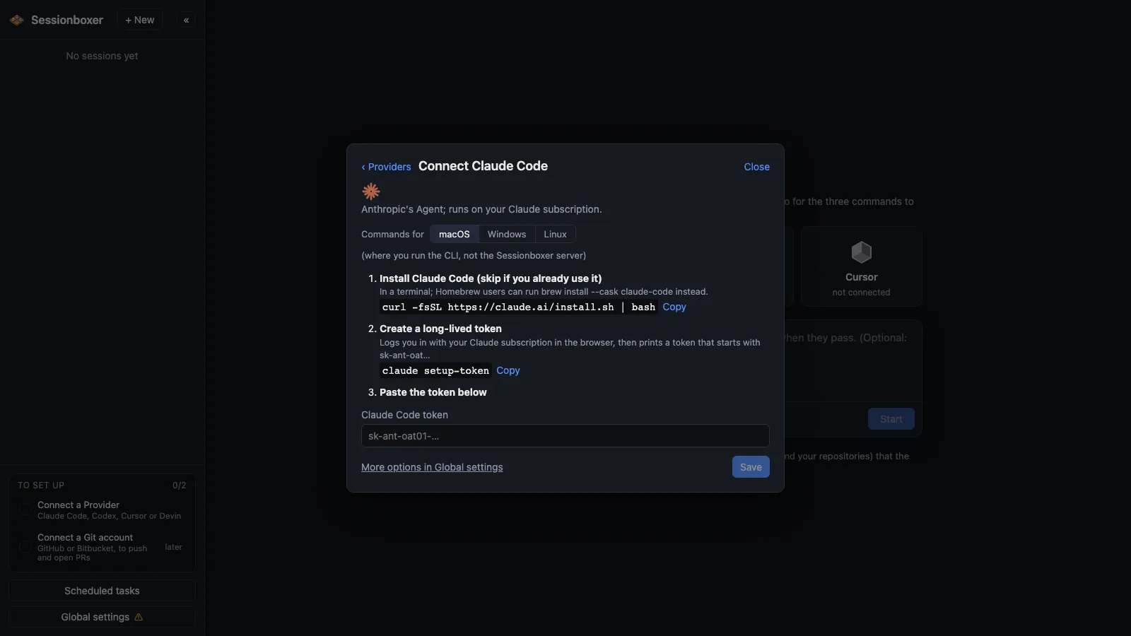 The Connect Claude Code dialog with a macOS, Windows and Linux toggle and three numbered steps: install Claude Code with the curl command, run claude setup-token, paste the token below