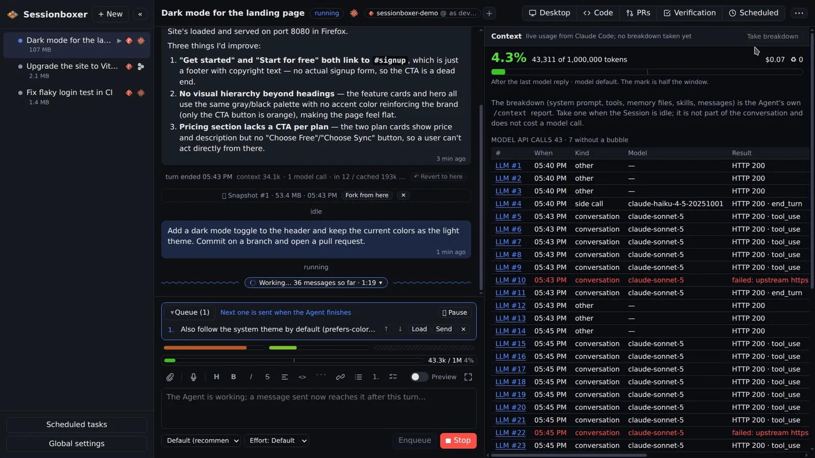 The Context pane: 4.3% of 1,000,000 tokens used, a history chart, the breakdown note, and a table of model API calls with time, kind, model and result