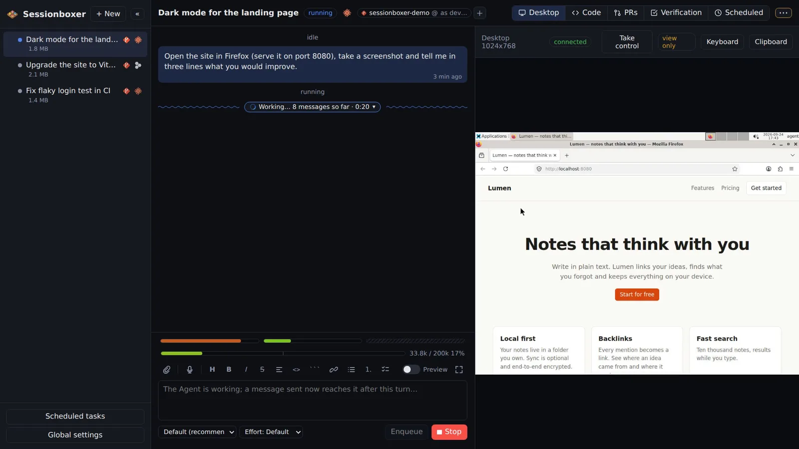 Sessionboxer session with the Desktop pane open: the agent is working and Firefox in the box shows the web app it started on localhost
