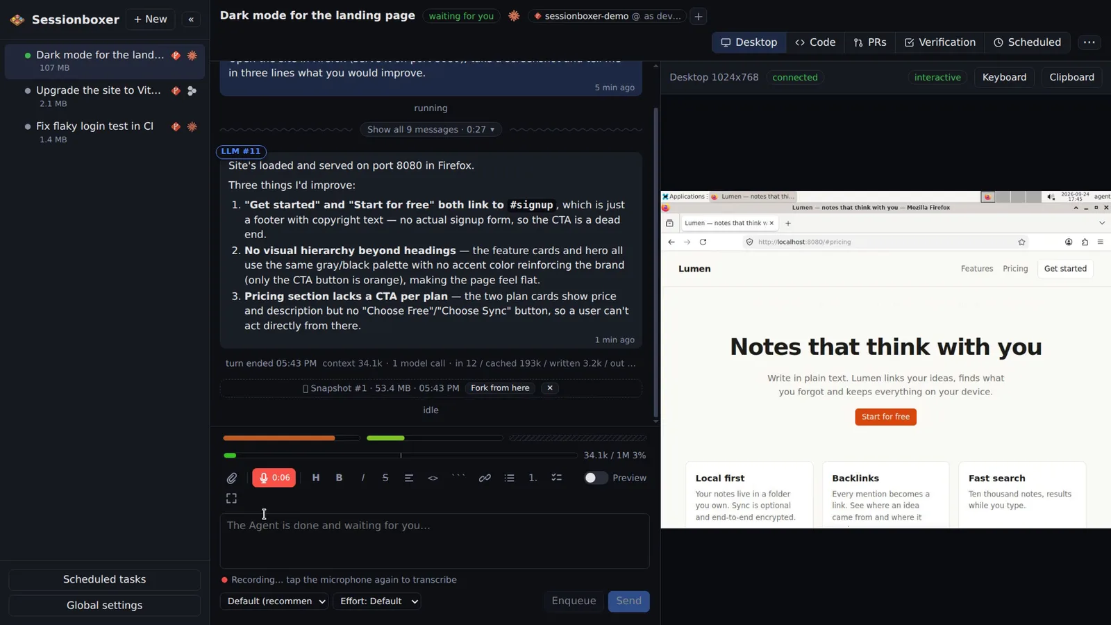 The prompt box while recording: a red timer on the microphone button and the note Recording, tap the microphone again to transcribe