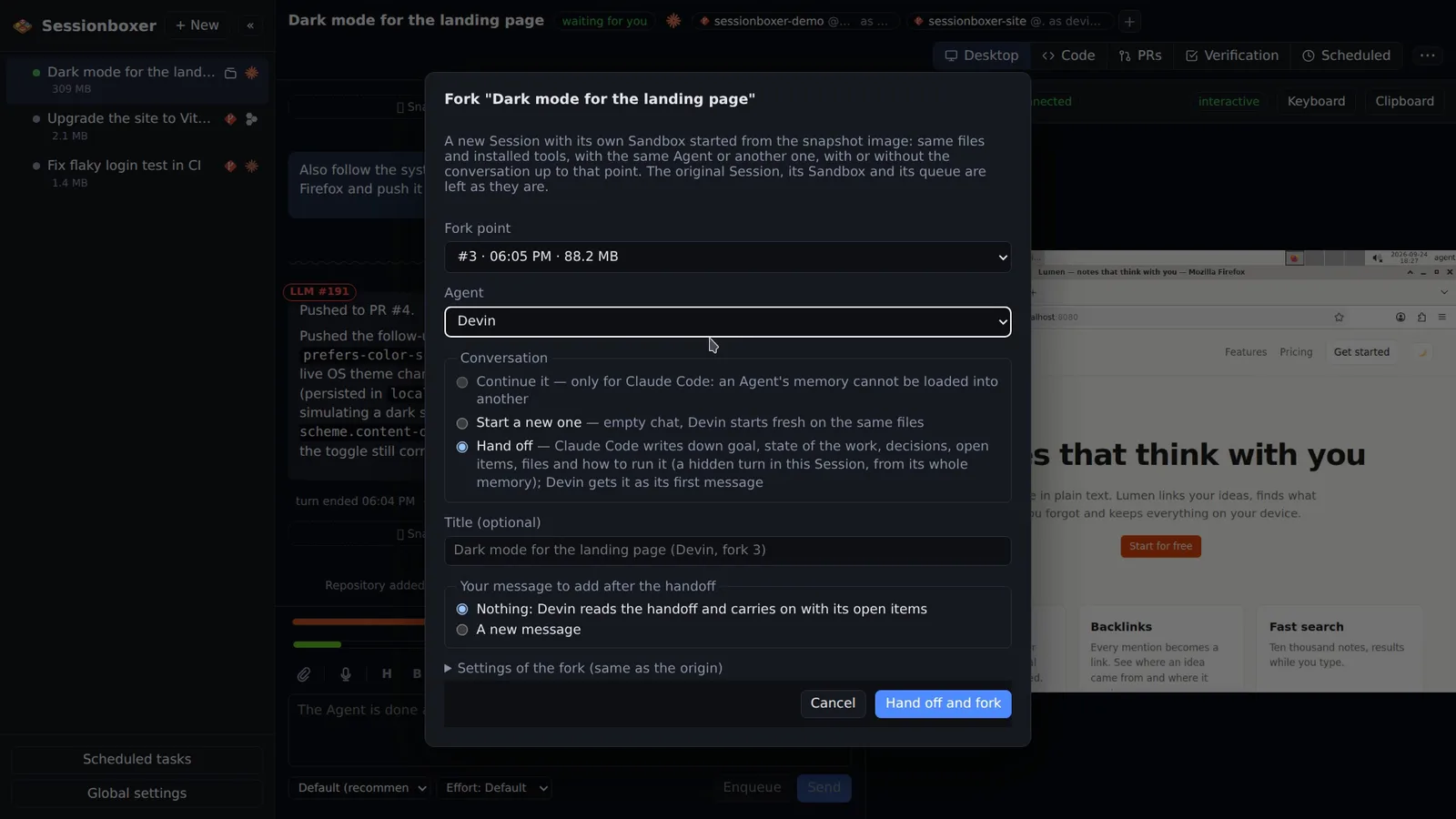 The Fork dialog: fork point snapshot #3, agent Devin, conversation options Continue it, Start a new one or Hand off, a title and what the fork does first