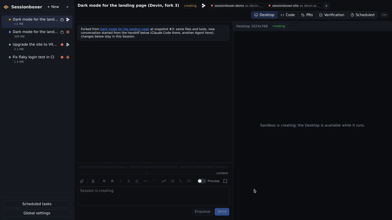 A new session titled Dark mode for the landing page (Devin, fork 3) being created, with a note that it was forked at snapshot #3 with a new conversation from the handoff
