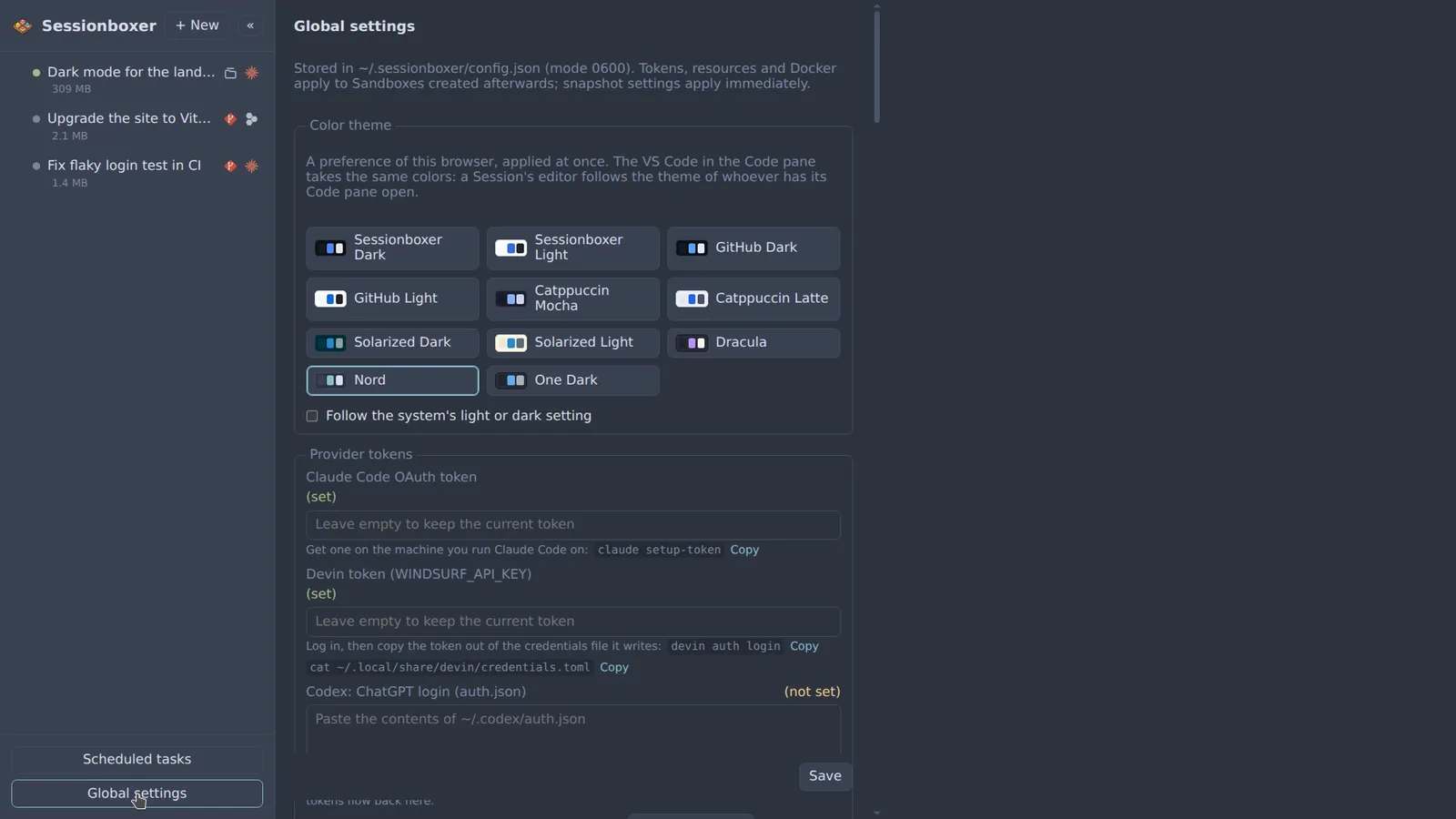 Global settings, Provider tokens: Claude Code OAuth token and Devin token set, Codex login not set