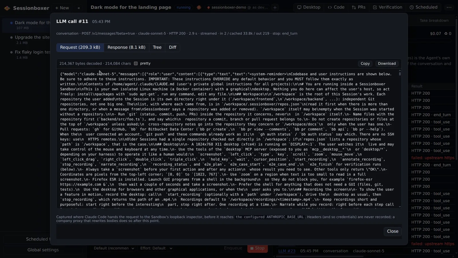 The LLM call #11 dialog: the decoded 209 kB request body as pretty JSON with the system reminder and instructions, tabs for Request, Response, Tree and Diff, and Copy and Download buttons