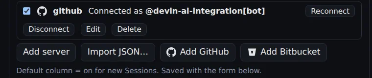 The MCP servers section of Global settings: a github entry connected as a GitHub account with Reconnect, Disconnect, Edit and Delete, and buttons Add server, Import JSON, Add GitHub and Add Bitbucket