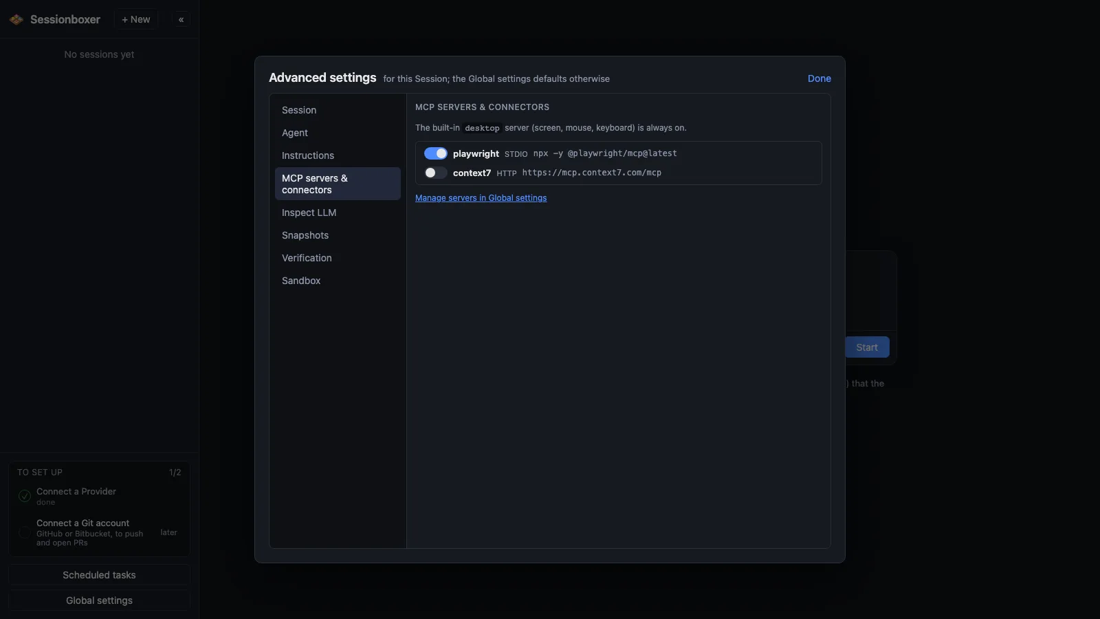 The MCP servers & connectors section of the Advanced settings dialog with a playwright stdio server switched on and a context7 HTTP server off, under the built-in desktop server note