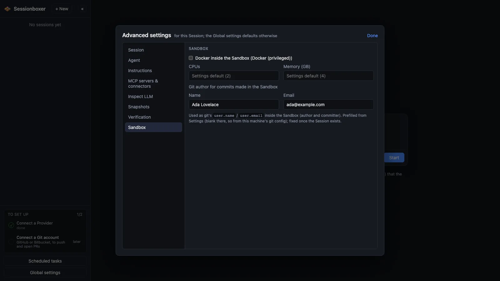 The Sandbox section of the Advanced settings dialog with the checkbox Docker inside the Sandbox, CPU and memory fields