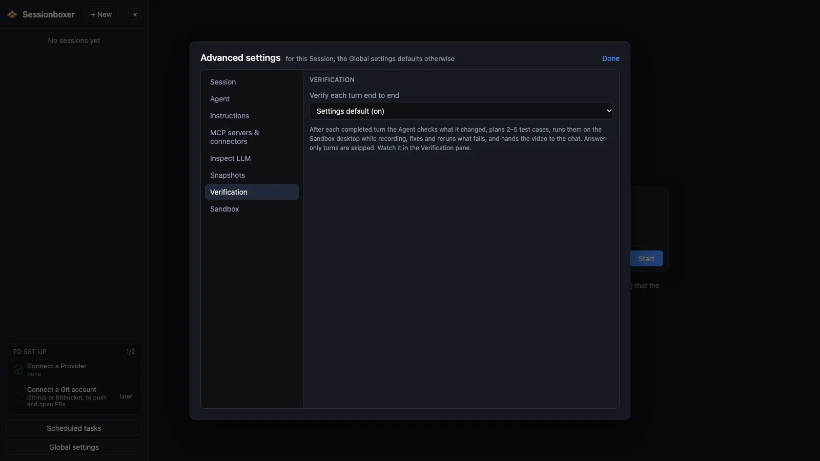 The Verification section of the Advanced settings dialog: Verify each turn end to end, with the explanation that the agent checks what it changed, plans 2–5 test cases, runs them on the desktop while recording, fixes and reruns what fails and hands the video to the chat