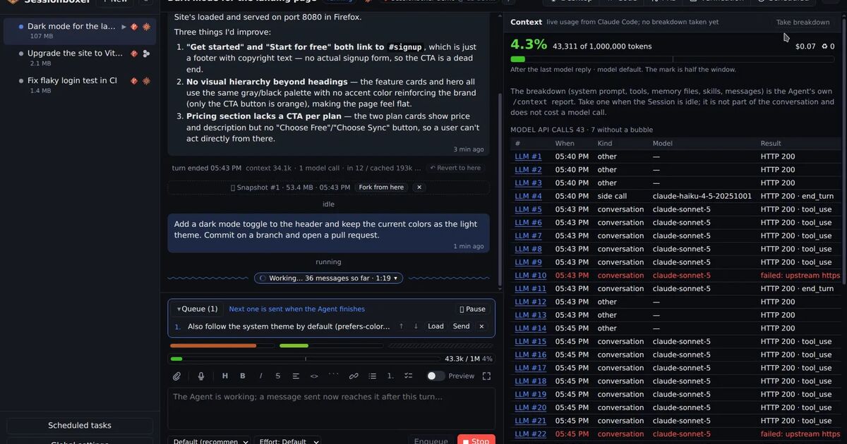Sessionboxer's context gauge and Context pane showing how the agent's window is filled