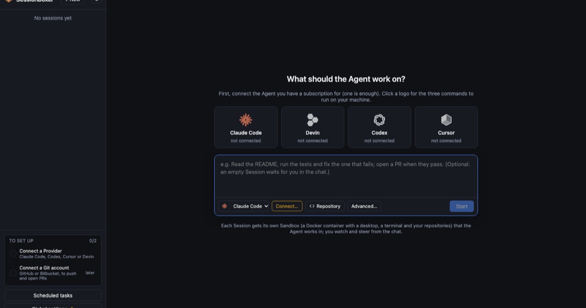 Sessionboxer's agent picker with Claude Code, Codex, Cursor, Devin, OpenCode and more