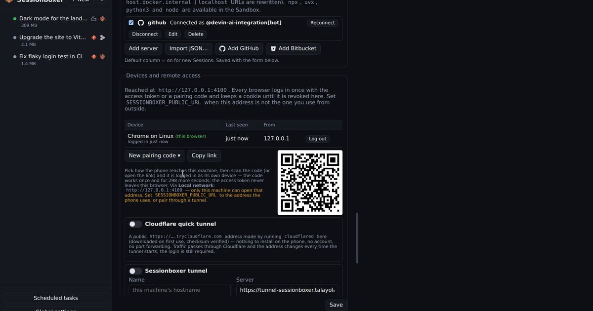 Sessionboxer's Global settings with a GitHub MCP server connected, the Add server, Import JSON, Add GitHub and Add Bitbucket buttons, and the remote access section below