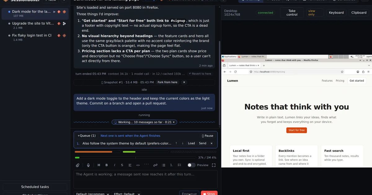 A Sessionboxer session while the agent works, with one queued prompt, the Pause, Load and Send buttons, the Stop button and the box's desktop beside the chat