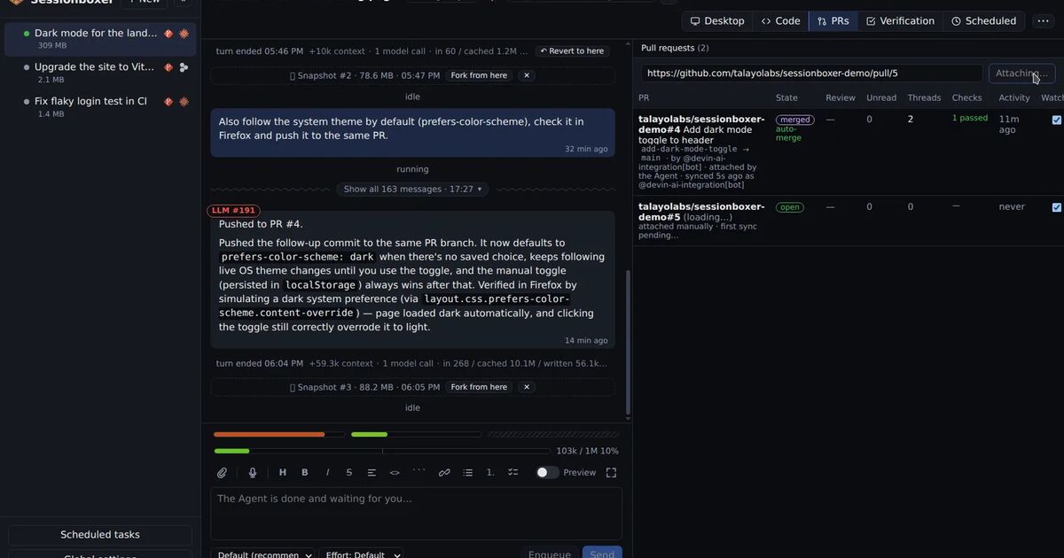 The PRs pane in Sessionboxer listing two attached pull requests with their state, threads, checks and last activity