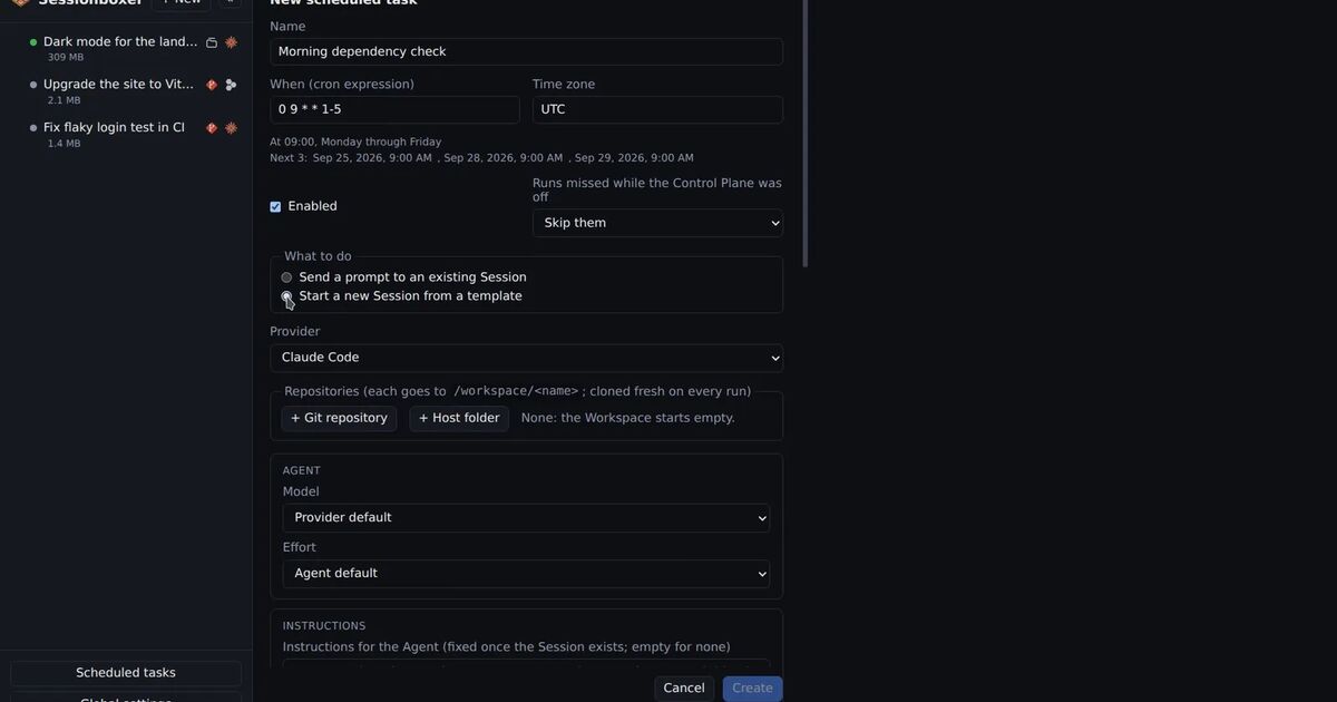 Sessionboxer's New scheduled task form with a weekday 9:00 cron expression, the next three runs and the choice to start a new session from a template