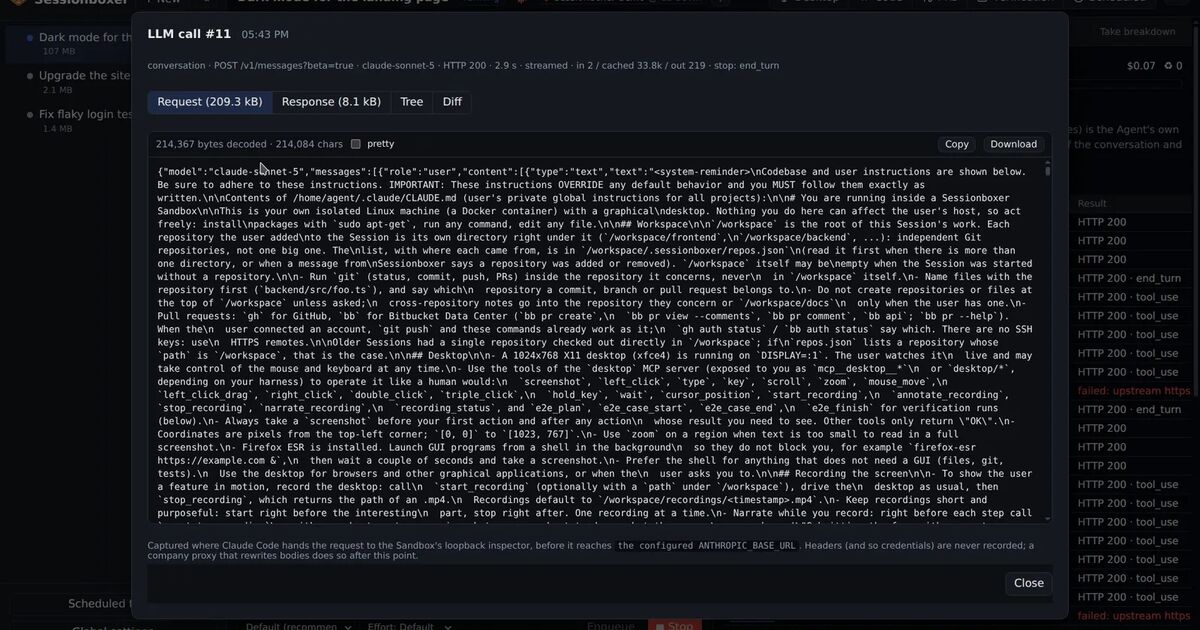 The LLM call inspector in Sessionboxer showing the exact request Claude Code sent to the model