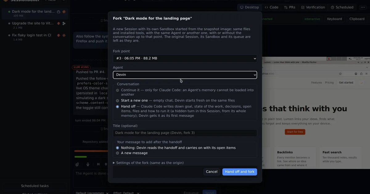The Fork dialog in Sessionboxer with the snapshot picker, the agent choice and the conversation options