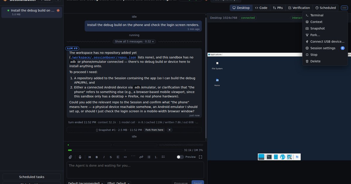 A Sessionboxer session with its menu open on Connect USB device…, next to the agent's reply that no phone is connected yet