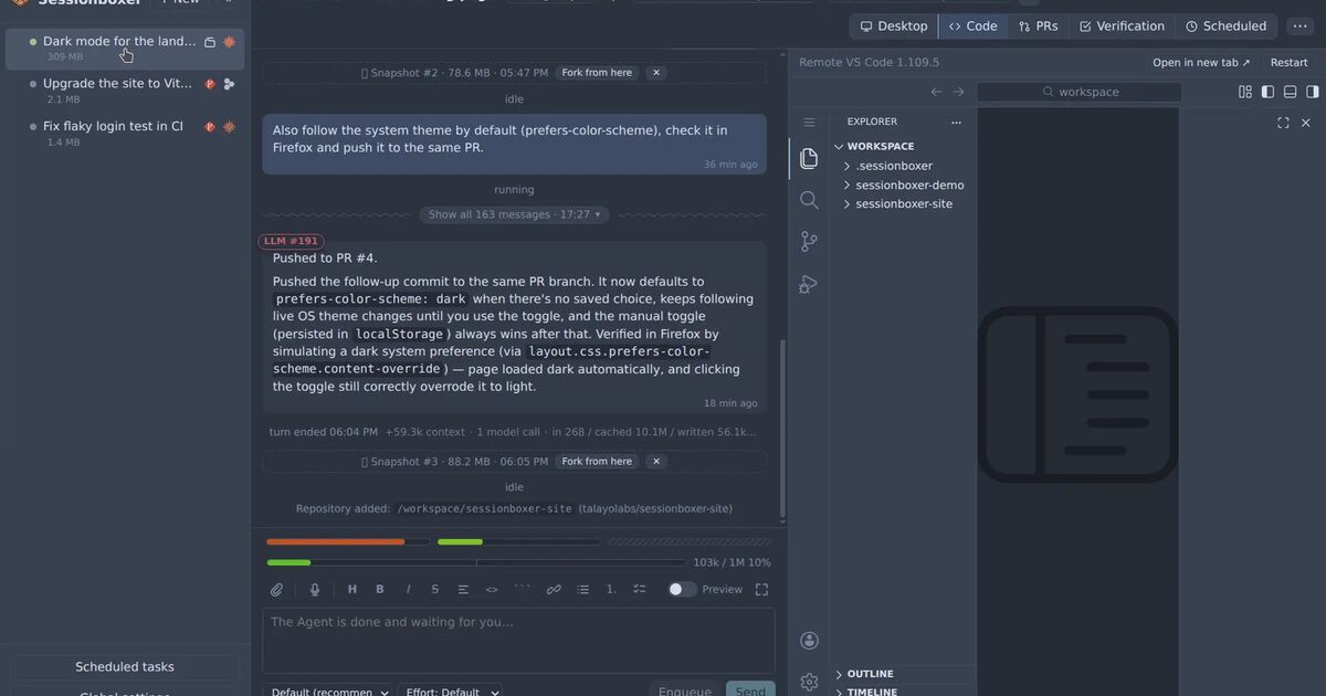 A Sessionboxer session with the chat on the left and the Code pane on the right, VS Code in the box showing the workspace folders sessionboxer-demo and sessionboxer-site