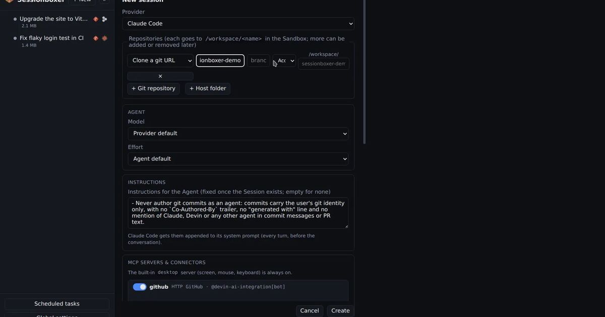 Sessionboxer's New session form with Claude Code as the provider, a git repository to clone, the model and effort fields and the MCP servers section