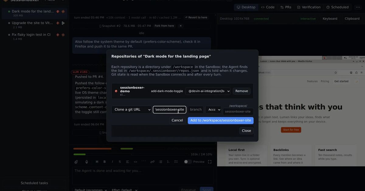 Sessionboxer connecting a Claude Code subscription and a GitHub account from the first screen