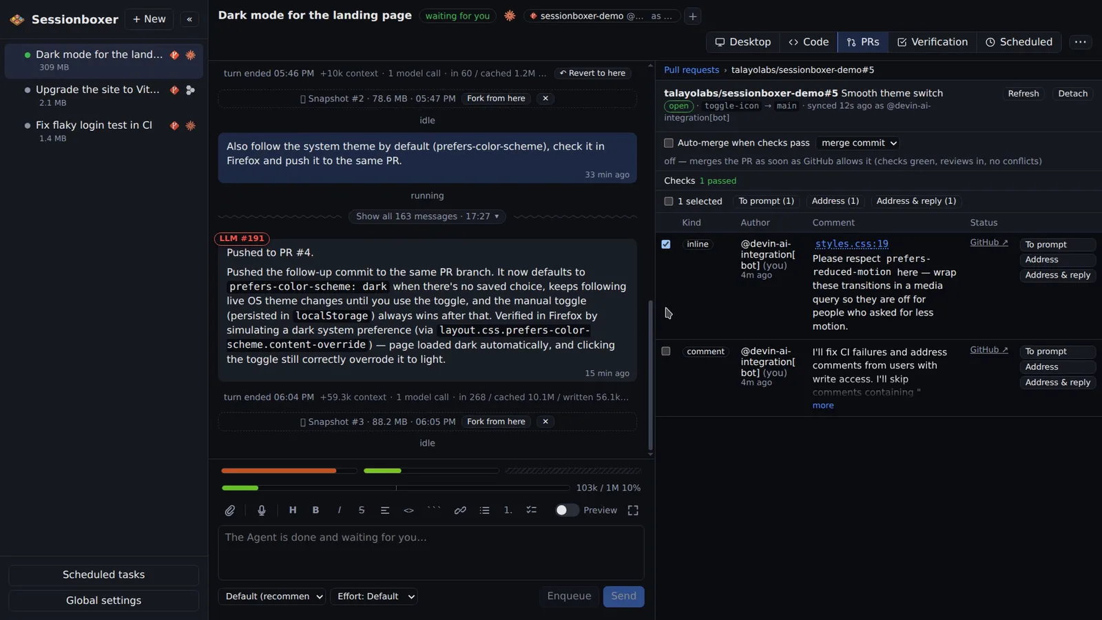 A pull request opened in the pane: checks 1 passed, an inline review comment and a conversation comment, each with To prompt, Address and Address & reply buttons