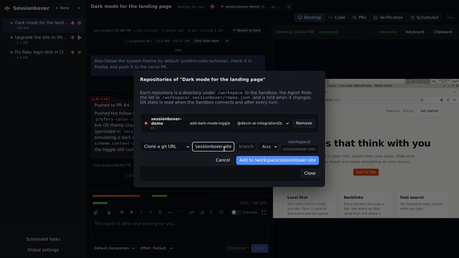 The Repositories dialog of a running session: one repository already in /workspace with its branch and GitHub account, and a second git URL being added with an account dropdown