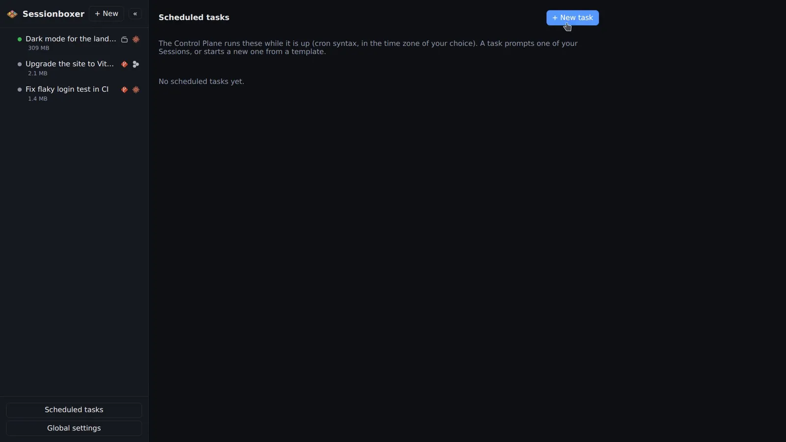 The Scheduled tasks page in the sidebar with a New task button and the note that the Control Plane runs these while it is up
