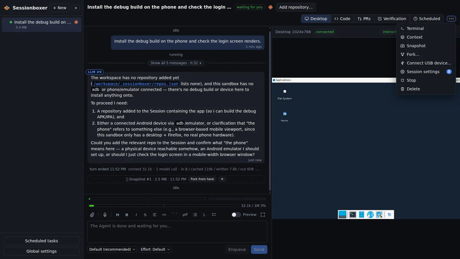 A session's ⋯ menu open over the Desktop pane: Terminal, Context, Snapshot, Fork…, Connect USB device…, Session settings, Stop, Delete