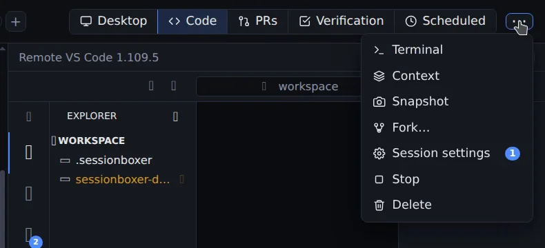 The session header's ⋯ menu with Terminal, Context, Snapshot, Fork, Session settings, Stop and Delete