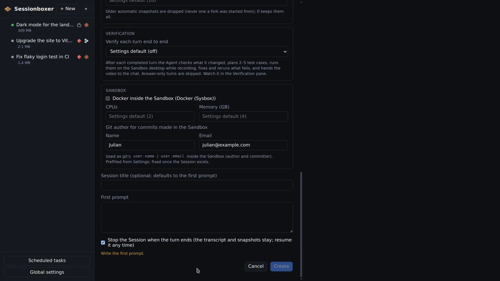 A scheduled task's session template with the option Stop the Session when the turn ends ticked, noting that the transcript and snapshots stay and the session can be resumed any time