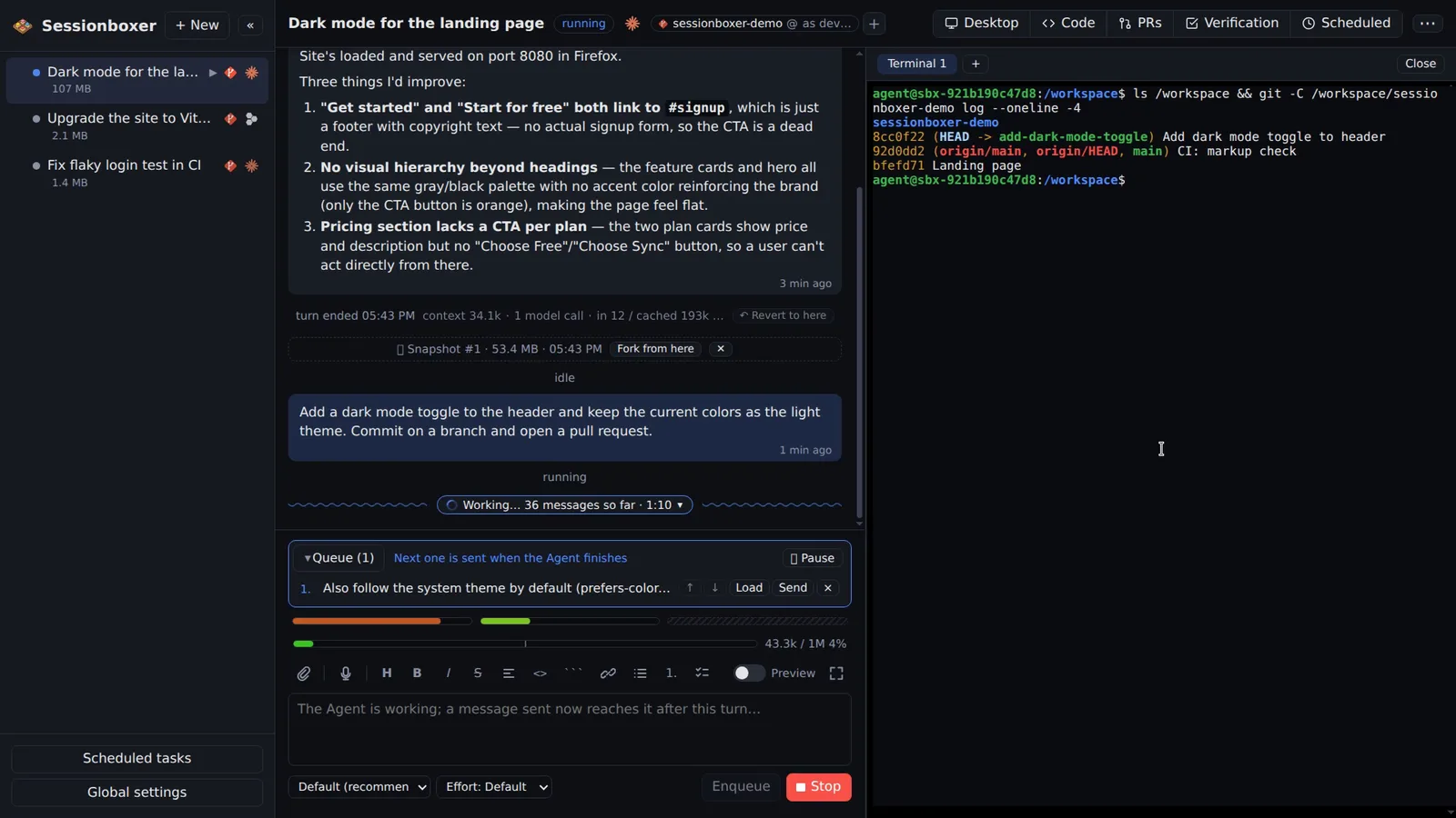 A terminal inside the box in the /workspace directory