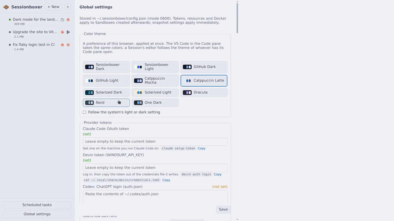 Global settings in the Catppuccin Latte light theme: the Color theme grid with eleven themes and a Follow the system's light or dark setting checkbox