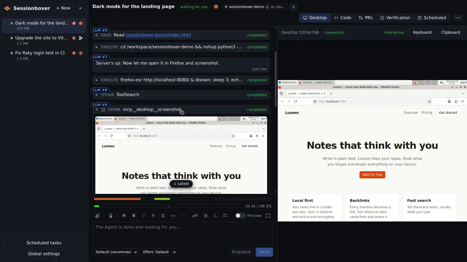 An opened turn in the chat: numbered LLM calls, Read and Execute tool rows marked completed, and a screenshot the agent took of Firefox shown inline
