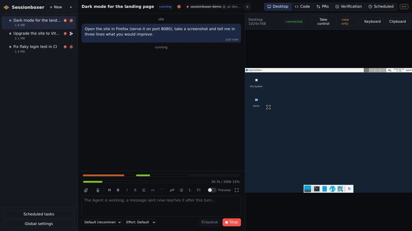 A running turn folded into one line reading Working, 5 messages so far, 0:04, next to a still-connecting Desktop pane