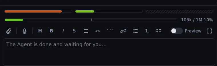 Above the prompt box: an orange session-usage bar, a green weekly bar, a hatched third bar, and the context gauge reading 103k / 1M 10%