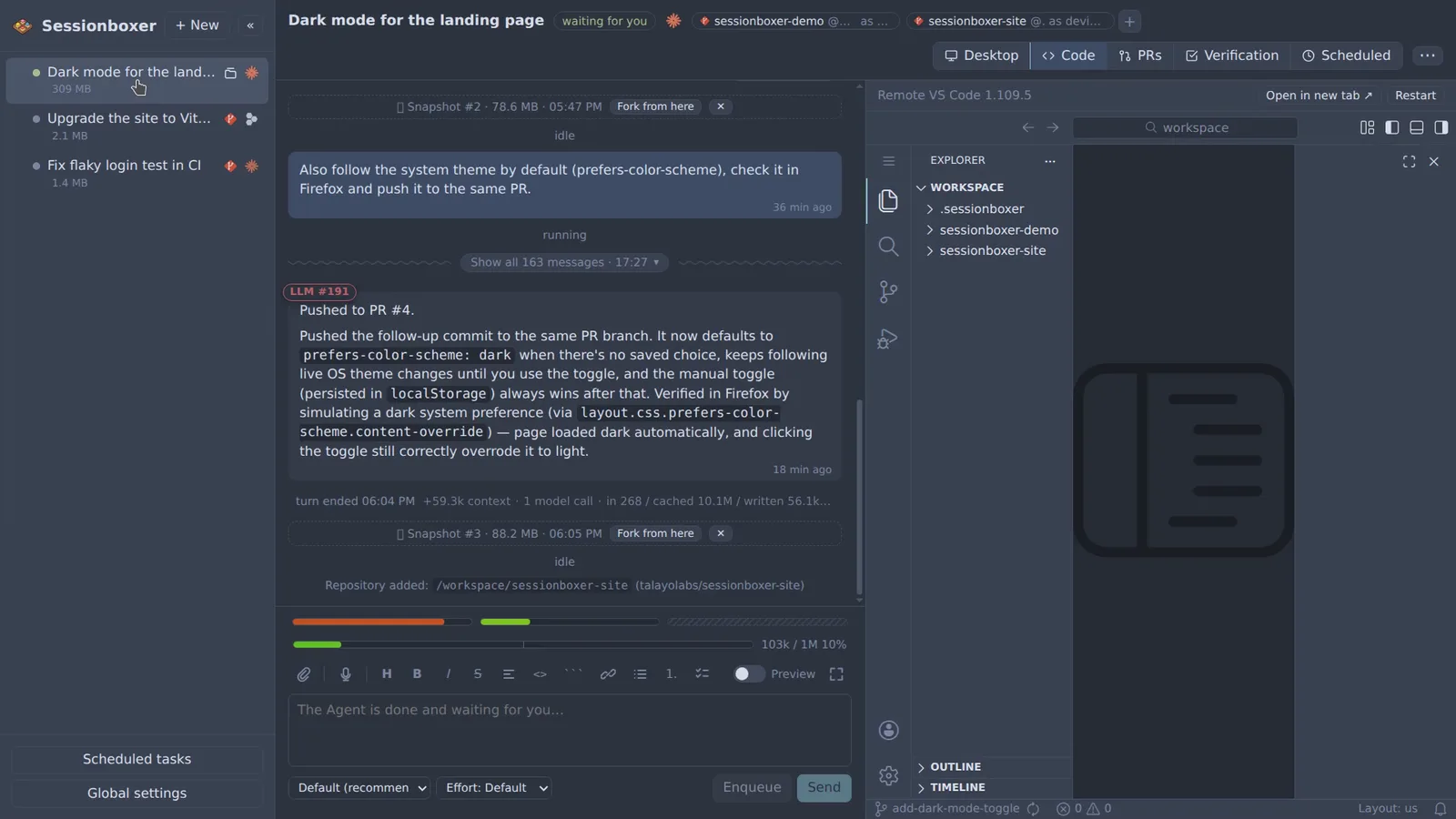 The Code pane showing VS Code inside the box with the workspace folders sessionboxer-demo and sessionboxer-site in the explorer, in the same dark theme as the chat