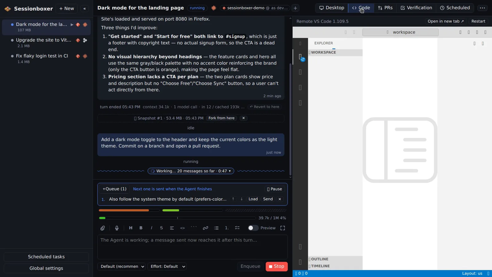 The Code pane with VS Code in a light theme, matching a light Sessionboxer UI